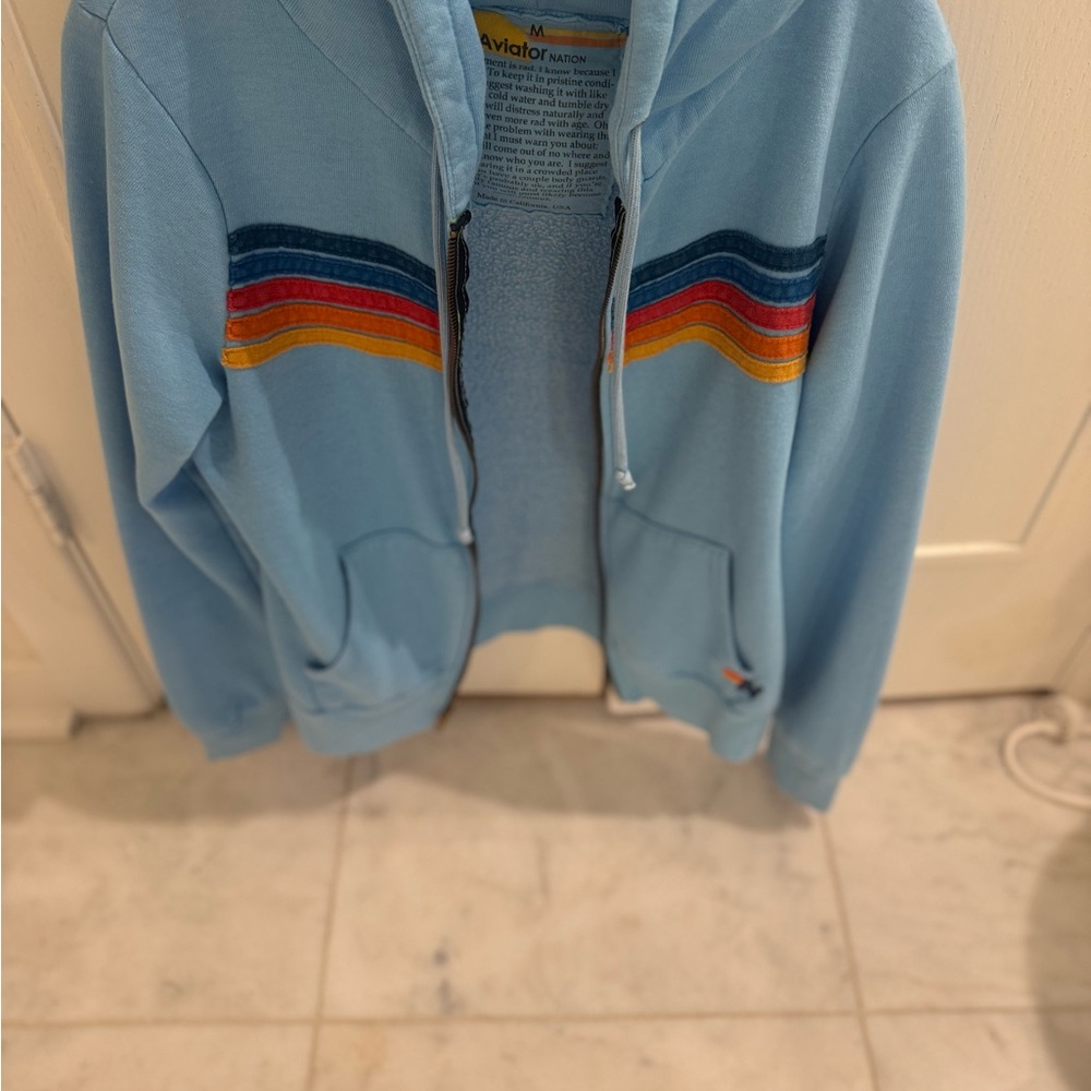 Aviator Nation Light Blue Hoodie with Colorful Stripes
